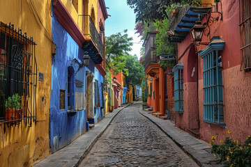 Fototapeta na wymiar Picturesque narrow street with cobblestones, colorful buildings, and lush plants. Generative AI