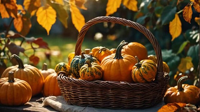 beautiful ripe pumpkins in a basket in nature