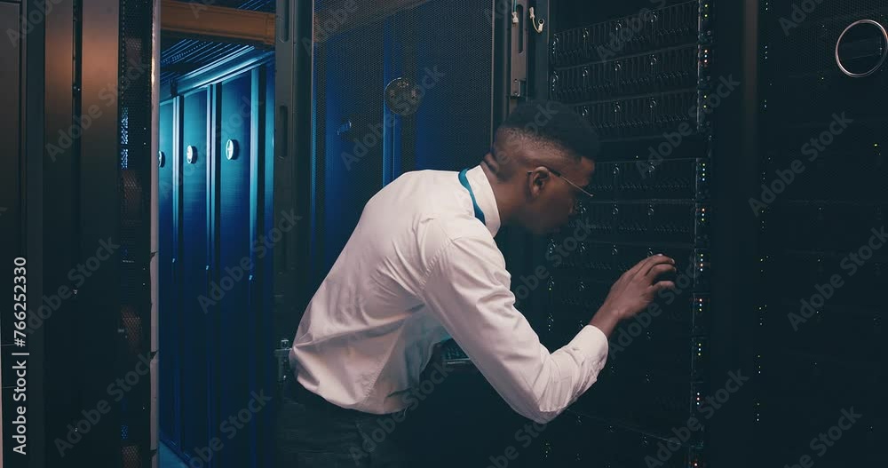 Aufkleber Black man in server room with tablet, inspection or network maintenance with engineer in database storage update. Tech service, system administration or technician on digital app checking data center