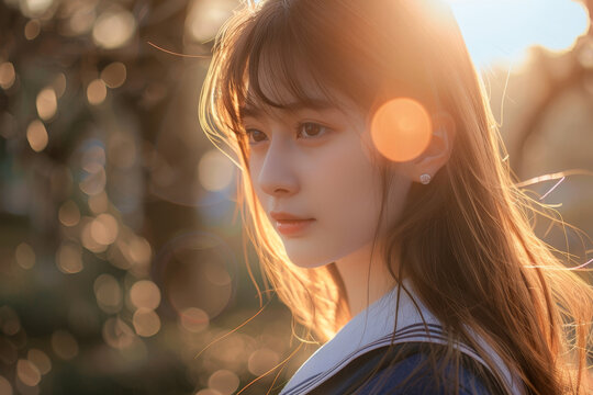 A close-up image of a beautiful girl in a school uniform, her face illuminated by the warm light as she studies at a city park