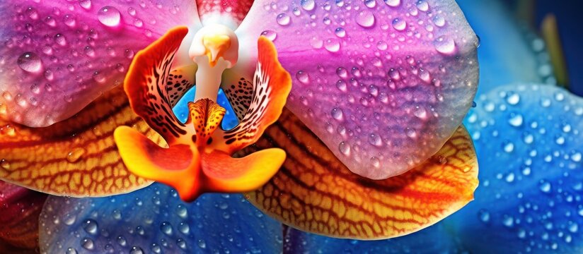close up view of colorful orchid with water drops background