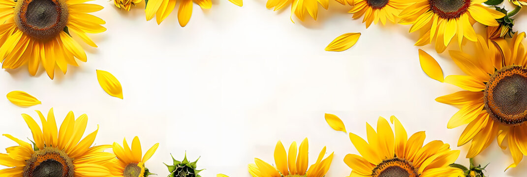 Vibrant sunflower border isolated on white background, 