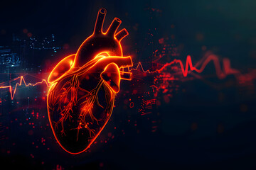 Digital illustration of a glowing heart with pulse line on a dark background, - obrazy, fototapety, plakaty