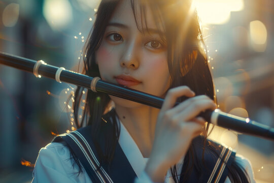 A close-up image of a beautiful girl in a school uniform, her eyes sparkling in the warm light as she plays a musical instrument