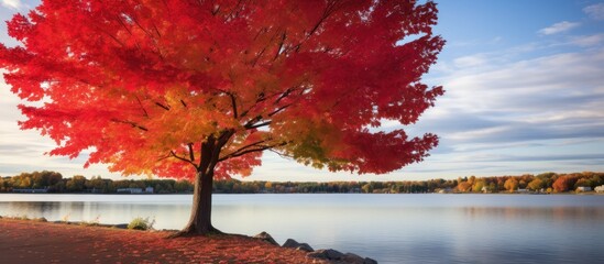 A redleaved tree stands by a tranquil lake, surrounded by a natural landscape. The water reflects...