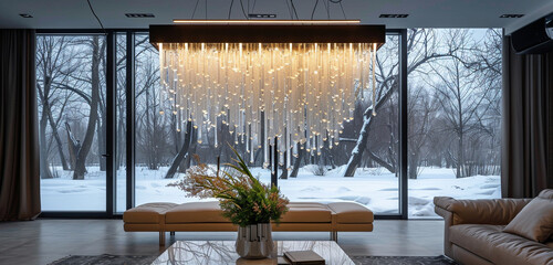Modern design, garden views, central crystal chandelier.