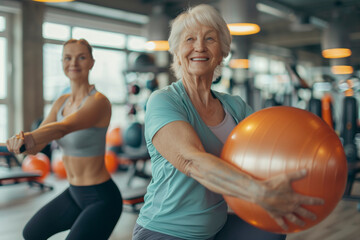 Two women are working out in a gym, one of them holding a large orange ball. Scene is energetic and positive, as the women are smiling and seem to be enjoying their workout - obrazy, fototapety, plakaty