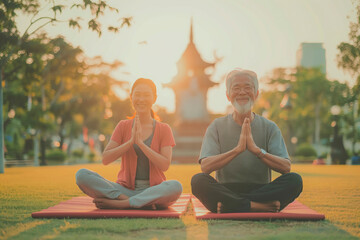 Young Asian finding peace and balance in a yoga lotus pose amidst the serene nature of a summer park A man and a woman are sitting on a mat in a park, both of them making the sign of the cross - obrazy, fototapety, plakaty
