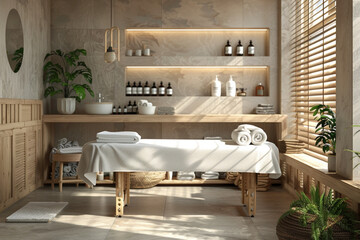 Interior of newly opened modern massage salon with all the necessary supplies ready  - obrazy, fototapety, plakaty