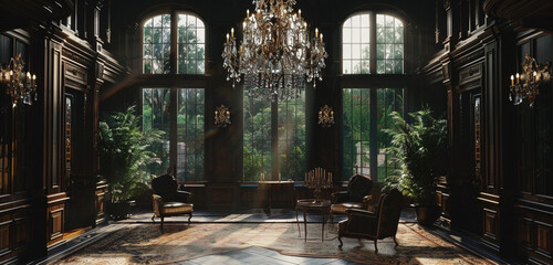 Sophisticated interior, windows, elegant crystal chandelier.