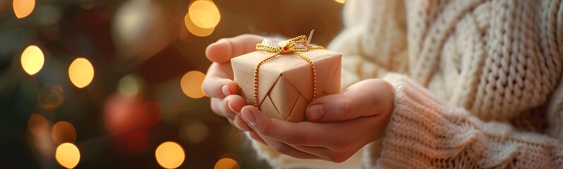 Wrapped in brown paper and tied with a string, a handcrafted gift is offered by gentle hands, adorned with a delicate decoration that evokes the festive spirit. - obrazy, fototapety, plakaty