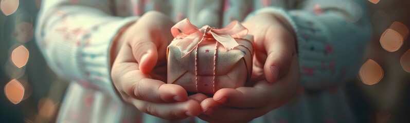 In a gesture evoking the festive spirit, gentle hands offer a handcrafted gift wrapped in brown paper, tied with a string and adorned with a delicate decoration.
