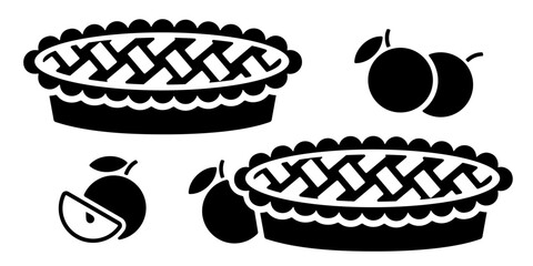 Apple pie icon, black silhouette on white. Whole uncut cake with crust decorated with lattice. Vector stencil clipart, minimalist design sign or logo, illustration of bakery and traditional dessert.