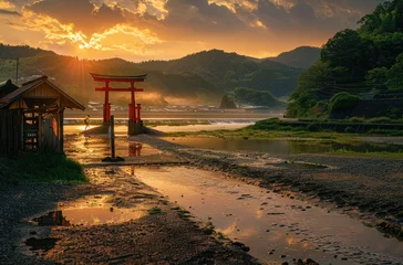 Deurstickers A beautiful landscape photo of the Torii gate at its base on an island surrounded by water with mountains behind it and an orange sky © Kien