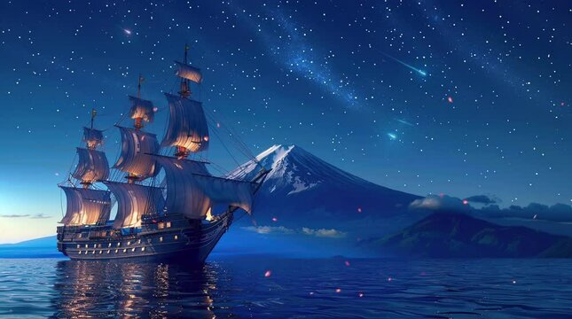 Glowing ship sailing on the ocean at night, framed by majestic mountains
  Seamless looping 4k time-lapse virtual video animation background. Generated AI