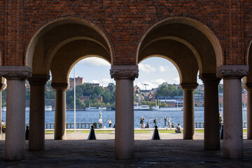 Arches at the City Hall in a summer day in Stockholm, Sweden