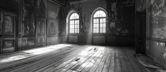 A blackandwhite photo of an empty room with wooden floors, arched windows, and a symmetrical layout. The darkness outside the windows contrasts with the light wood flooring - obrazy, fototapety, plakaty