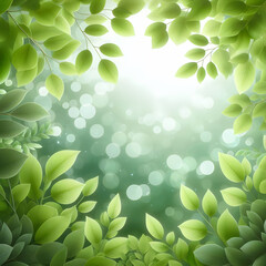 Tło z zielone liście bokeh, wiosenna ramka, dekoracja generative ai