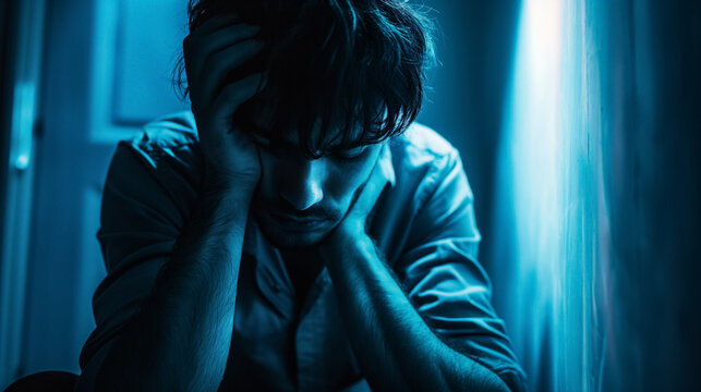 Man anguished in blue light, a picture of despair.