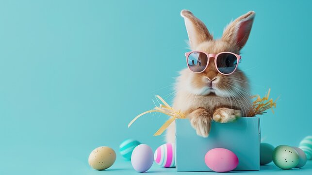 Cool cute easter bunny, Rabbit with sunglasses sitting in gift box with easter eggs on light blue background, generative ai