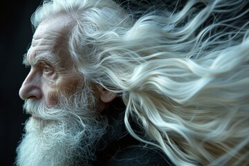 Man Hair blowing in the air, long white or grey hair, old man. Isolated on black