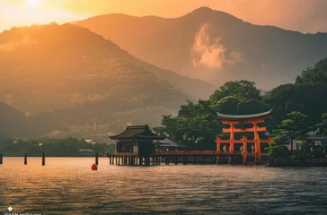 Foto op Plexiglas A beautiful landscape photo of the Torii gate at its base on an island surrounded by water with mountains behind it and an orange sky © Kien