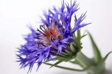 Isolated on a white background is a closeup of the blue cornflower (Centaurea cyanus). Selective focus. - obrazy, fototapety, plakaty
