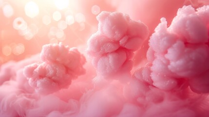 Fototapeta premium Pink cotton balls floating in the air on a soft pink background, close up image