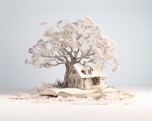 a book and a house on a snowy surface