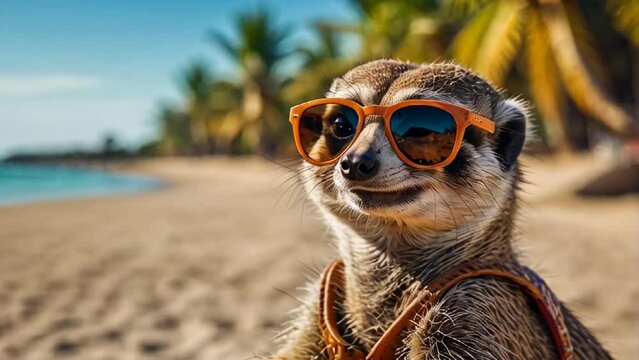 cute meerkat in sunglasses on the beach