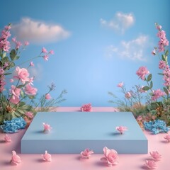 Fondo con podio para presentación de productos, tonos azul y rosa