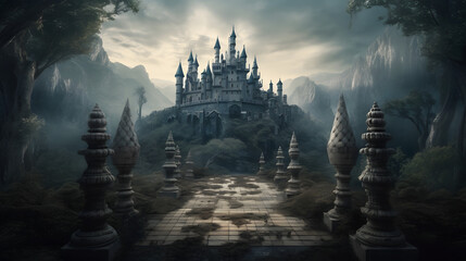 castle chess, symmetrical chaos, mystical creatures, photorealistic landscapes, dark and chaotic - obrazy, fototapety, plakaty