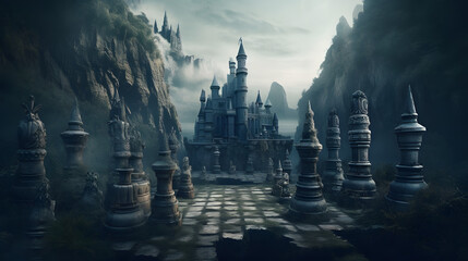 castle chess, symmetrical chaos, mystical creatures, photorealistic landscapes, dark and chaotic - obrazy, fototapety, plakaty