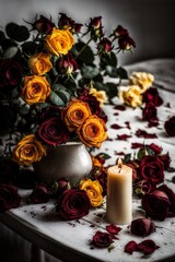 Obraz na płótnie Canvas Maroon and Yellow Roses in White and Gray Pot, Adorning a White Table with Scattered Petals, Accompanied by a Radiant White Candle
