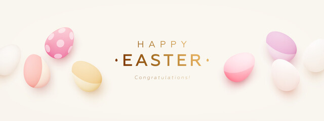 Fototapeta na wymiar Happy easter horizontal greeting card or web banner with realistic 3d easter eggs and golden text on light background. Festive elegant wallpaper. Vector illustrations