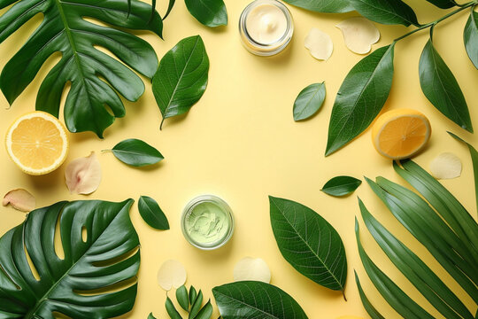 Light yellow background Natural cosmetics and leaves