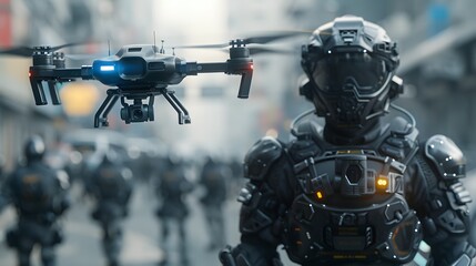In a tense urban warfare environment, a tactical drone flies ahead of a fully armored soldier, both surveying the area.