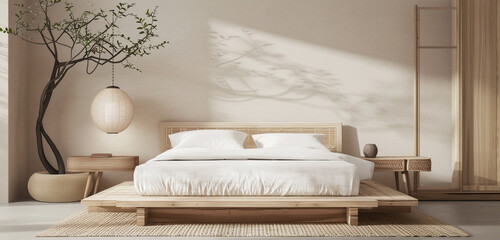 Scandinavian elegance, light wood, platform bed, minimalist pendant.