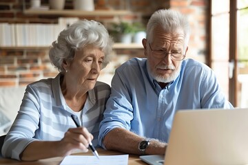 Fototapeta premium Elderly couple, old lady and man sitting together with a laptop and documents, discussing pension retirement plans, insurance, financial planning or vacation for seniors. 
