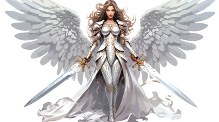 A beautiful angel woman a warrior with a long spear - obrazy, fototapety, plakaty