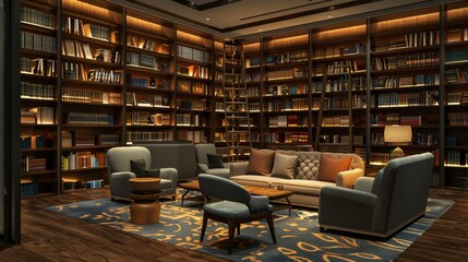 Obraz premium 3D rendering of a library with bookshelves and sofas