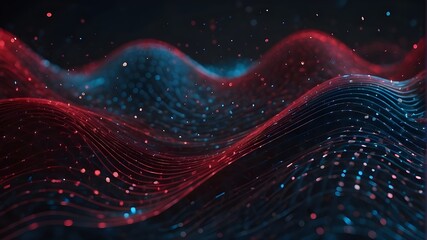 This abstract colorful wave background features digital light blue and light red particles, a confetti-like pattern of dots, and a dark orange color scheme. It may be used for creating red and blue wa - obrazy, fototapety, plakaty