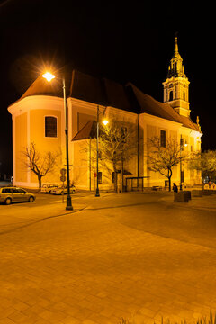 night view of the square in Szekszard, Hungary