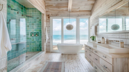 A modern beach house bathroom with whitewashed wood paneling, a walk-in shower with turquoise tile walls, and a freestanding bathtub overlooking the ocean - obrazy, fototapety, plakaty