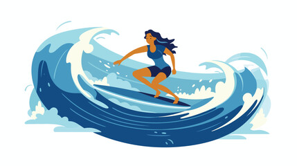 A girl with a surfboard dives under a wave. Vector icon - obrazy, fototapety, plakaty