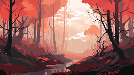 A gloomy autumn forest in a fantasy world. .. Flat vector