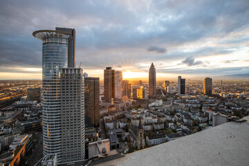 Frankfurt is the only skyline in Germany. Backlight for sunset with a great sky and lighting in the...