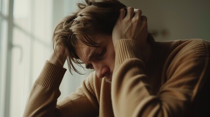 Depression and mental illness. man disappoint, sad after receive bad news. Stressed boy confused with unhappy problem, arguing with girlfriend, cry and worry about unexpected work, down economy. - obrazy, fototapety, plakaty