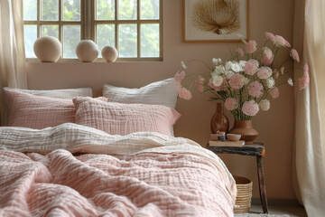 nightstand with vase of flowers near bed with pale pink bed linen, scandinavian modern bedroom interior design