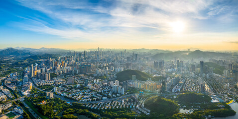 Aerial view of mountain and city skyline landscape in Shenzhen
